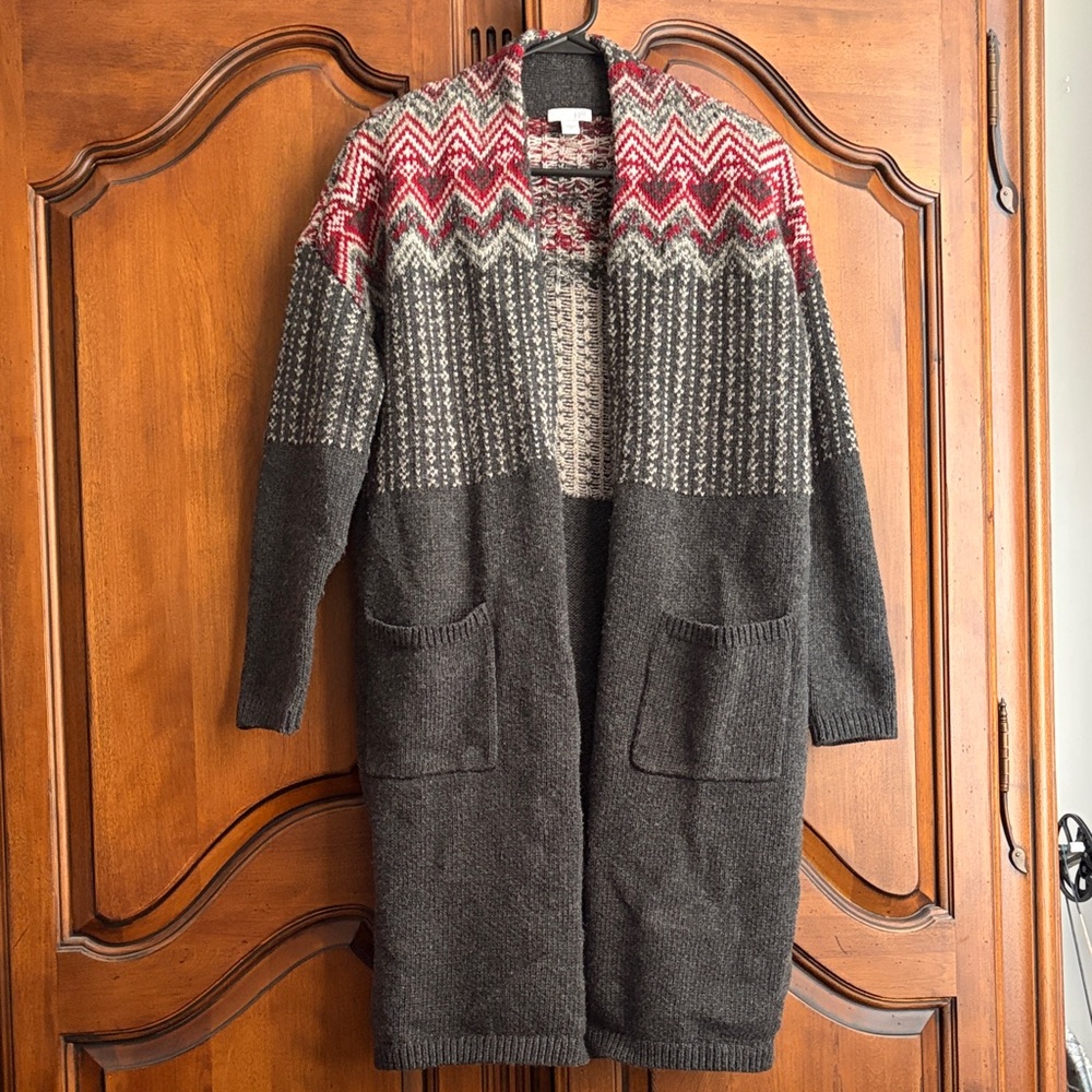 J. Jill Gray and Red Patterned Knit Cardigan